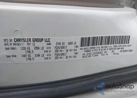 2012 Chrysler Town & Country Touring-L z USA, uszkodzony, nr VIN 2C4RC1CGXCR384022